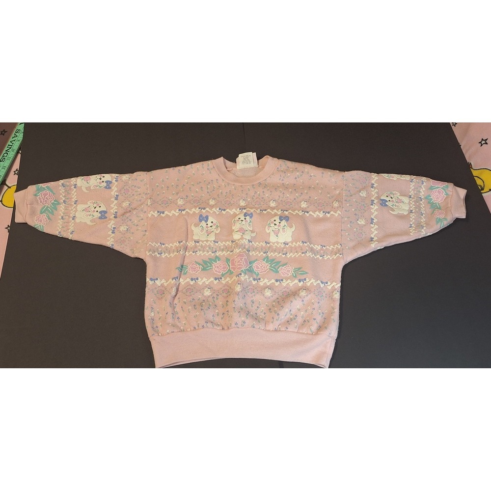 Vintage Scoop Spectravest Pink Puppy Floral Puff Print Sweatshirt Girls Medium